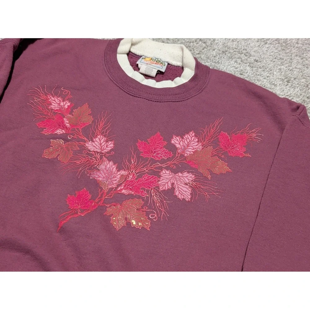 Morning Sun Sweatshirt Women Large Burgundy VTG Fall Leaves Double Collar 90s - Picture 2 of 6